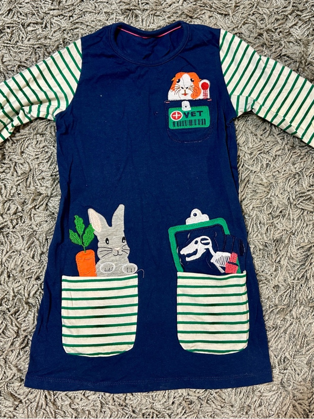 Navy Vet Pocket Dress with Green Striped Sleeves